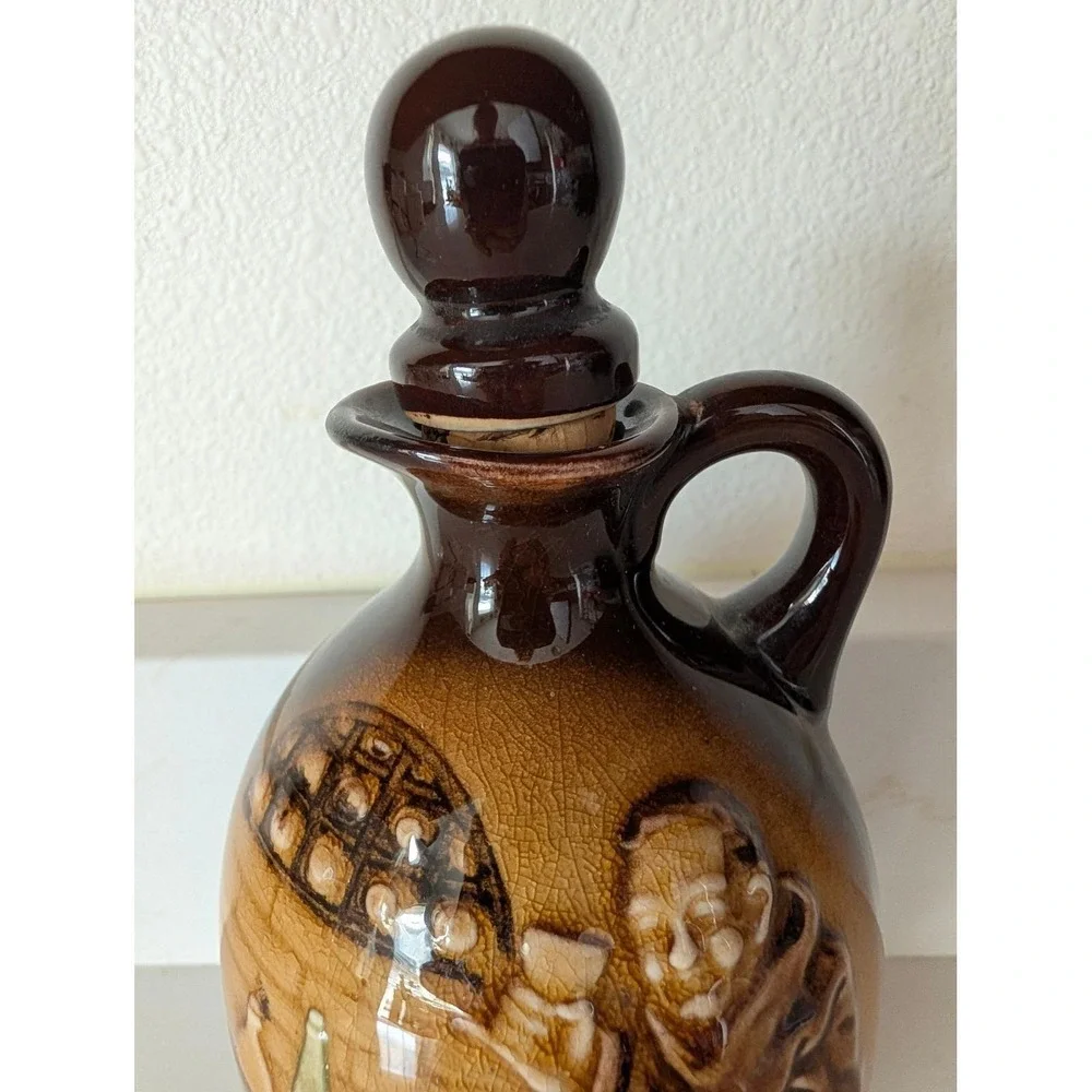 Vintage Monk Ceramic Decanter Brown Ombre Glaze Relief 3D Design with Stopper